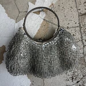 Vintage La Regale Silver Beaded Sequin Evening Bag Top Handle Purse Hong Kong